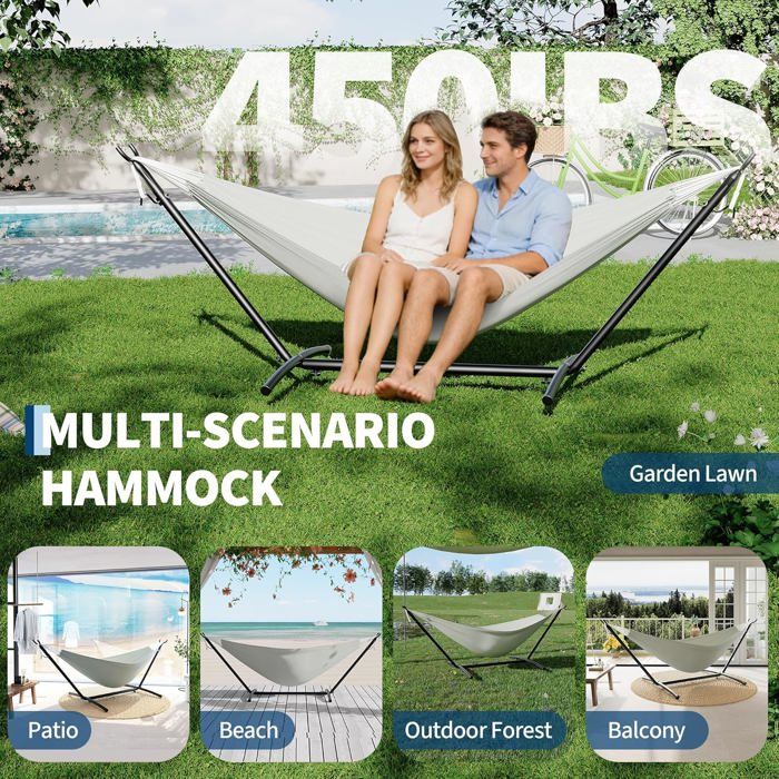 Hamac Double avec Support - 450 lbs, Toile Coton & Coussin Amovible - Pour Jardin, Intérieur/Extérieur, Vert
