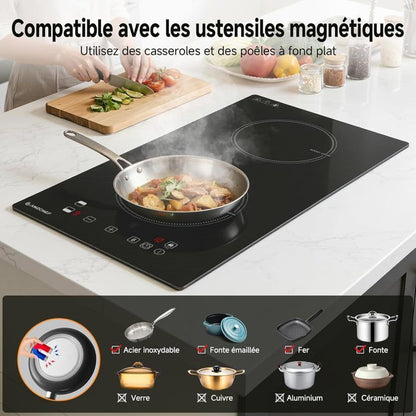 Table de cuisson 3 foyers AMZCHEF 9 niveaux de puissance 7400W avec 3 boosters Encastrable