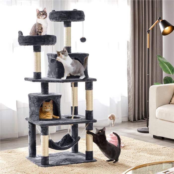 Arbre à Chat YAHEETECH - Tour à Griffer avec 2 Niches-Hamac Colonne en Sisal - Hauteur 158 cm Noir