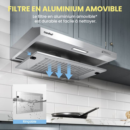Hotte Aspirante Casquette Visière- 60cm Comfee - 3 Vitesses - Évacuation & Recyclage - LED Lampe - Filtre En Coton Argent - En Inox