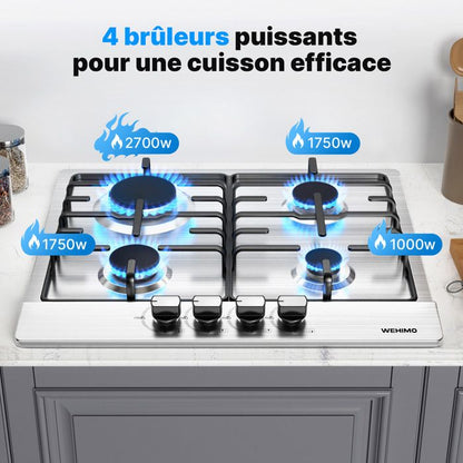 Plaque de Cuisson à Gaz - WEHIMO - 4 Brûleurs - Verre Trempé - Sécurité Thermocouple - Allumage par Impulsion