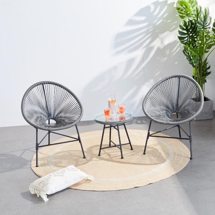 Acapulco : Ensemble 2 fauteuils oeuf + table basse gris clair