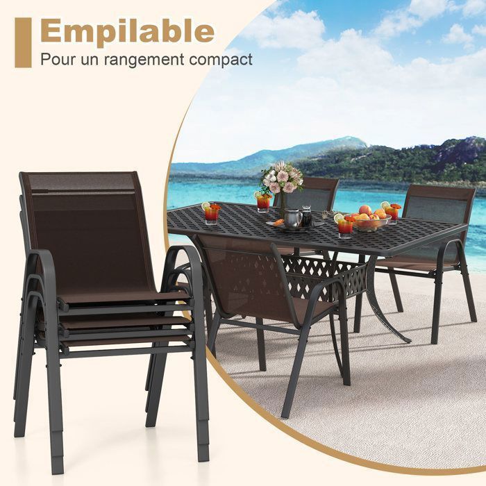 COSTWAY Lot de 2 Chaises de Jardin, Tissu Respirant, Chaises à Manger Empilables avec Accoudoirs, pour Patio Terrasse Porche, Bleu