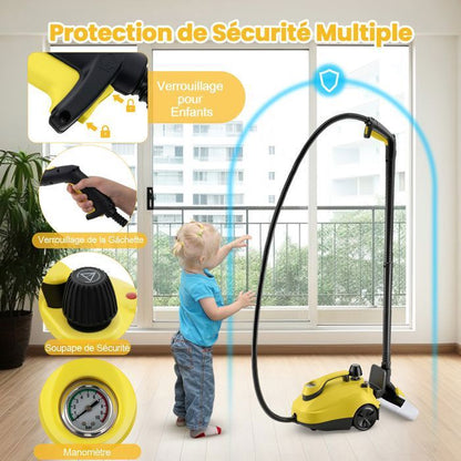 Nettoyeur Vapeur Polyvalent 2000W COSTWAY pour Punaises de Lit-5 BAR-15 Accessoires et Manomètres-Réservoir 1,8L-160°C-4 Roue-Jaune