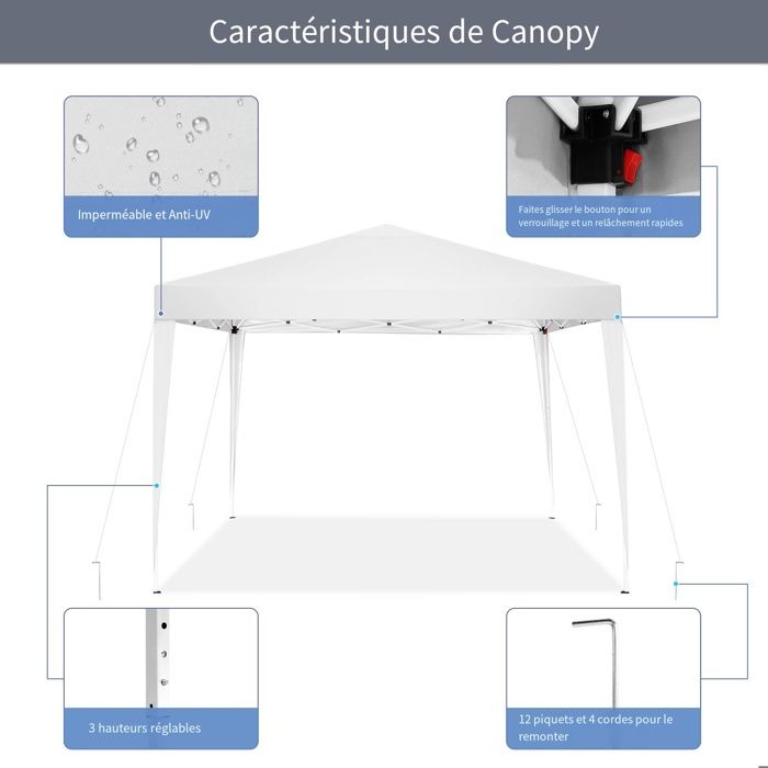 Tonnelle de Jardin 3x3m Tente Pavillon de Jardin Pliante pour Exterieur,imperméable avec 4 Côtés,Blanc