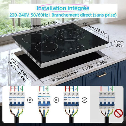 Plaque Vitrocéramique 4 Feux Encastrable,Sndoas 60cm Table de Cuisson,9 Niveaux de Puissance, Minuteur Intégré,6700W