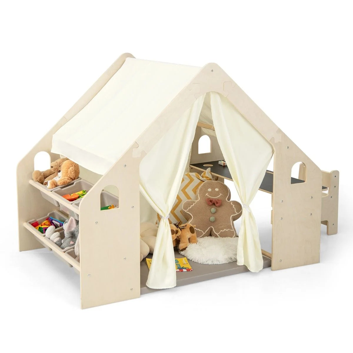 Tente de Jeu d'Intérieur en Bois pour Enfants 6 en 1 Tableau Noir Table Chaise 6 Bacs de Rangement Coussin de Sol Maison de Jeu pour 2-6 ans Beige