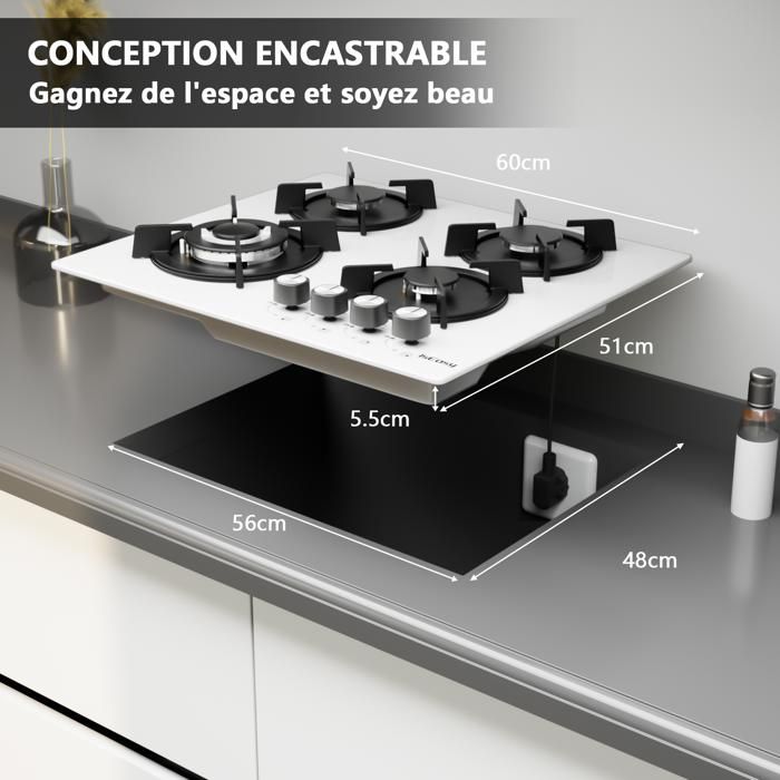Plaque gaz encastrable - ISEASY - 4 feux 60 cm - Verre trempé - Supports fonte - Compatible NG/GPL