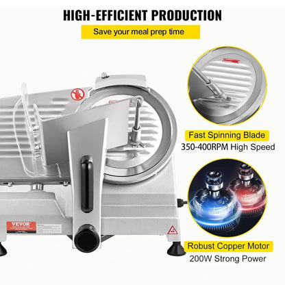 VEVOR Trancheuse Électrique Commerciale 200 W Trancheuse à Jambon Lame 203 mm 350-400 tr/min Trancheuse Charcuterie en Acier Inoxydable et Alu pour Couper en Tranches Viande Fromage Légumes Fruits