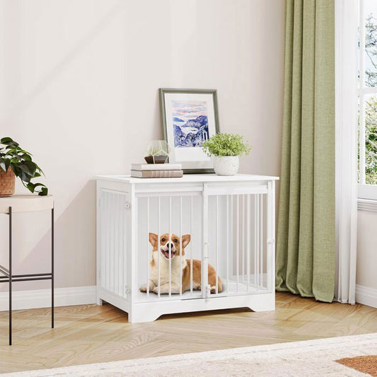 81cm Cage pour Chiens,Niche Moderne pour Chiens, Cage pour Chiots, Maisonnette pour Animaux, 2 Portes, 55 x 81 x 67,5 cm, Blanc