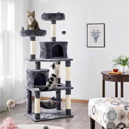 Arbre à Chat YAHEETECH - Tour à Griffer avec 2 Niches-Hamac Colonne en Sisal - Hauteur 158 cm Noir