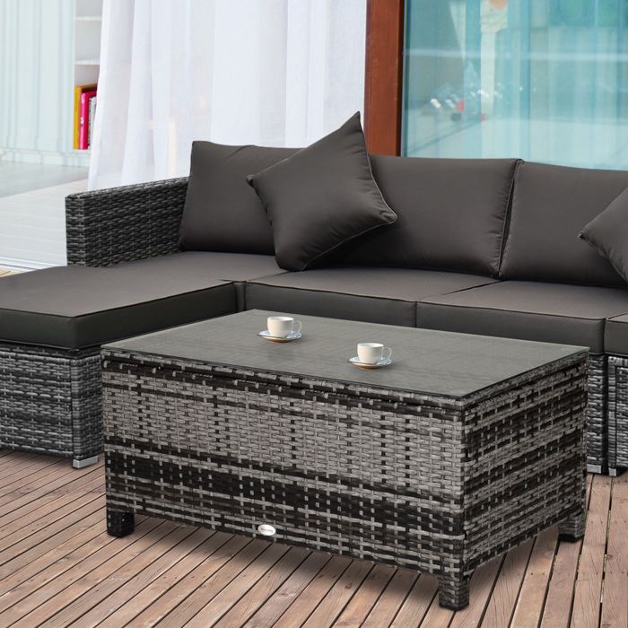 Table basse de jardin - Outsunny - plateau verre trempé 5 mm résine tressée terrasse - résine - 85x50x39cm - marron