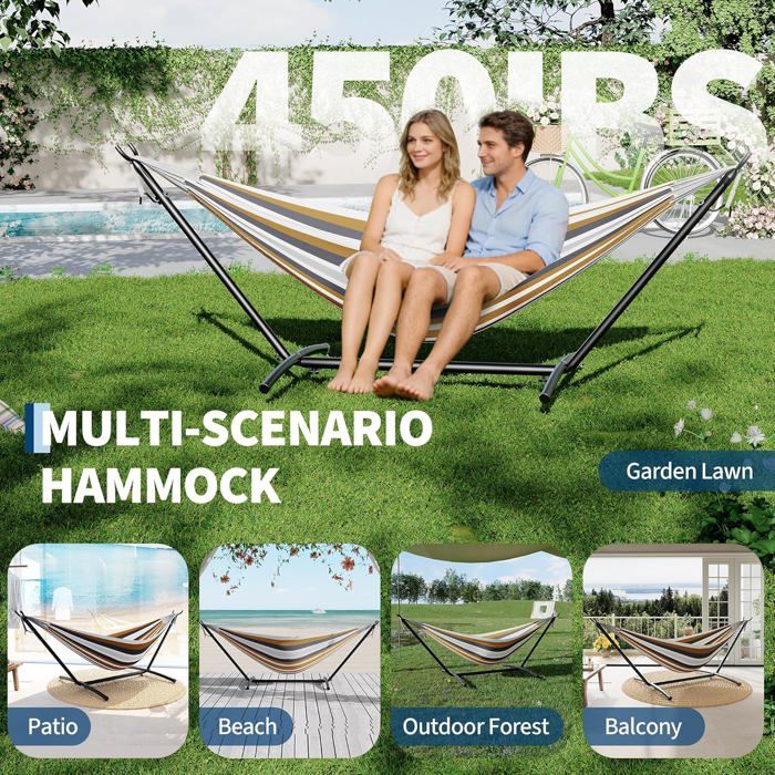 Hamac Double 12FT avec Support en Acier - Toile Matelassée 450LB - Barre en Bois Dur - Sac de Transport Inclus - Beige