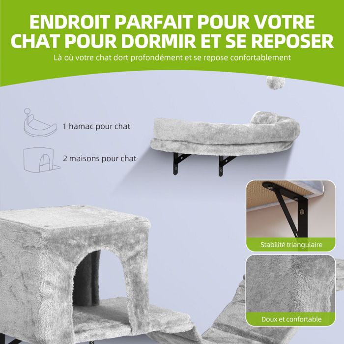Balconera Lot 8 Murs escalade Chat - Peluche Stable, Arbre Mural Griffoirs, Pont, Escaliers & Boule, Gris Clair