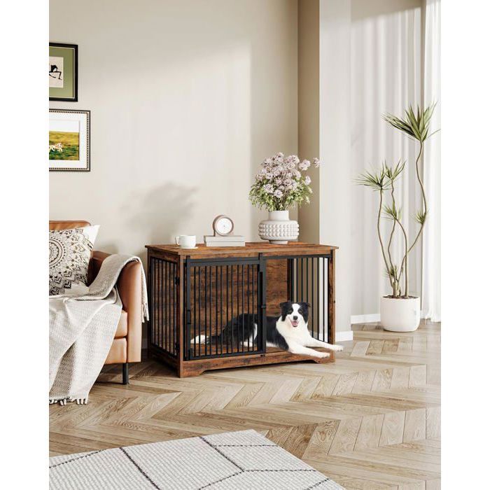 Cage pour Chien, 100 cm Meuble Cage Chien,avec Porte coulissante, 2 Portes, Niche Moderne pour Chiens, 100 x 60 x 68 cm, Noir