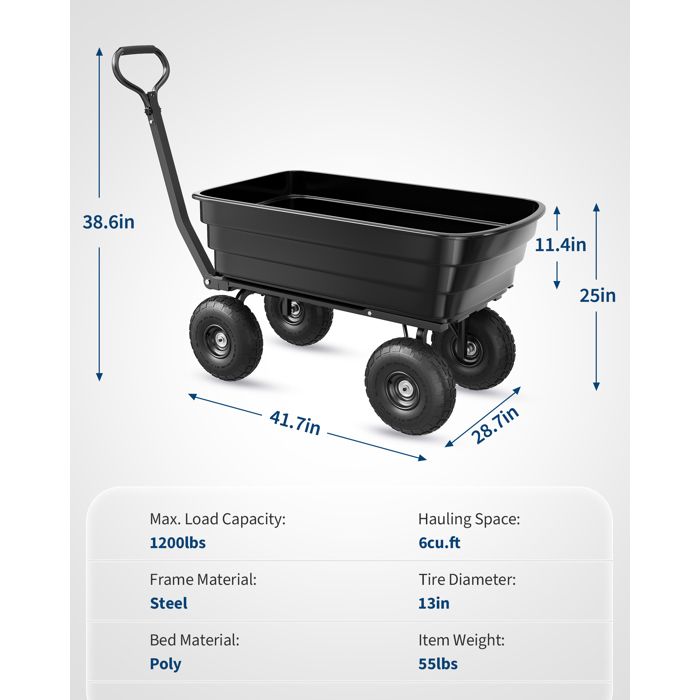 Chariot de Jardin Basculeur Renforcé - Capacité 600 lb (272 kg) -Réglable à 180° - Roues Tout-Terrain 10"- Résistant à la Rouille