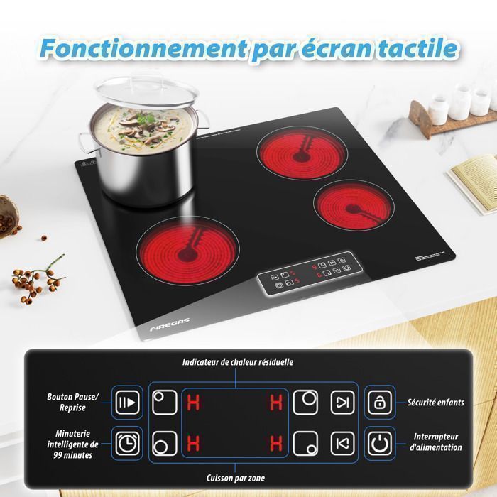 Plaque de Cuisson Vitrocéramique FIREGAS - 4 zones 7200W - L59 x P52 cm - Noir