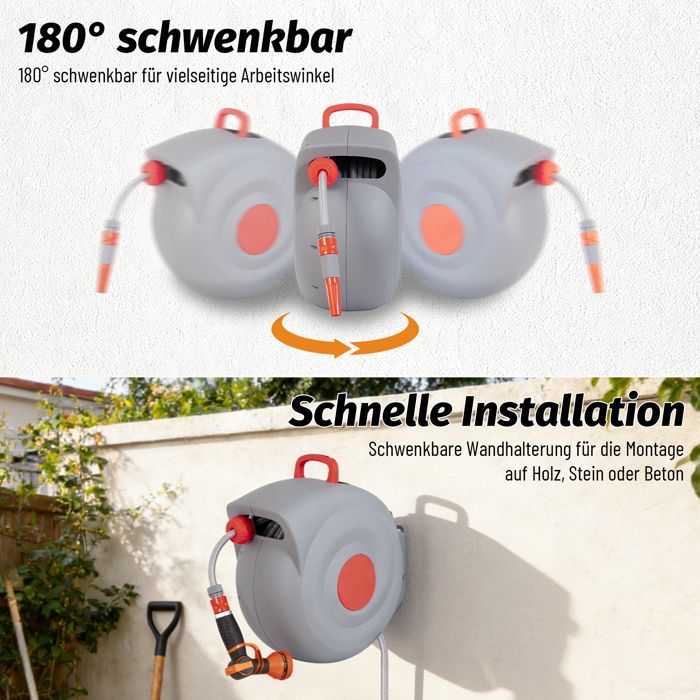 Enrouleur de Tuyau d'Arrosage Automatique 30m, Dévidoir Mural Pivotant 180° avec Buse à 9 Fonctions, Anti-UV et Gel