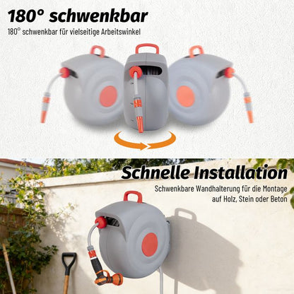 Enrouleur de Tuyau d'Arrosage Automatique 30m, Dévidoir Mural Pivotant 180° avec Buse à 9 Fonctions, Anti-UV et Gel