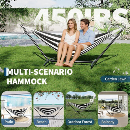 Hamac Double 12FT avec Support en Acier - Toile Matelassée 450LB - Barre en Bois Dur - Sac de Transport Inclus - Beige