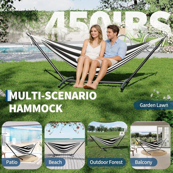 Hamac Double avec Support - 450 lbs, Toile Coton & Coussin Amovible - Pour Jardin, Intérieur/Extérieur, Vert