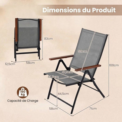 Lot de 4 Chaises Pliantes de Jardin COSTWAY, Dossier Ajustable à 5 Positions, Accoudoirs, Cadre en Métal, Extérieur Intérieur, Noir