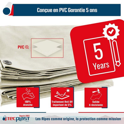 TECPLAST Bâche Jardin 3x3 m LP506JD Beige foncé - Garantie 5 ans - Bâche PVC étanche - Résistance Anti-UV