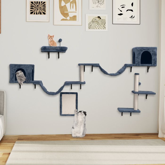 Balconera Lot 8 Murs escalade Chat - Peluche Stable, Arbre Mural Griffoirs, Pont, Escaliers & Boule, Gris Clair