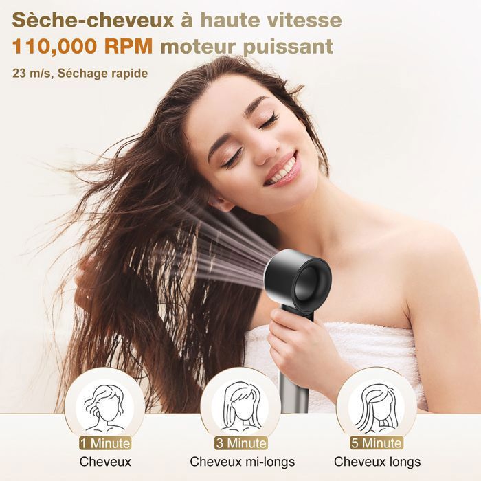 Brosse soufflante haute vitesse - MCURO - 6 en 1 1500W - 3 Vitesses & 3 Températures - Thermostat intelligent - Soin Cheveux - Gris
