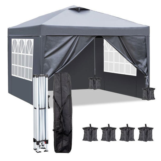 3*3M Tente de camping, tonnelle pour jardin, extérieur, réception, fête, gris, avec 4 sacs de sable