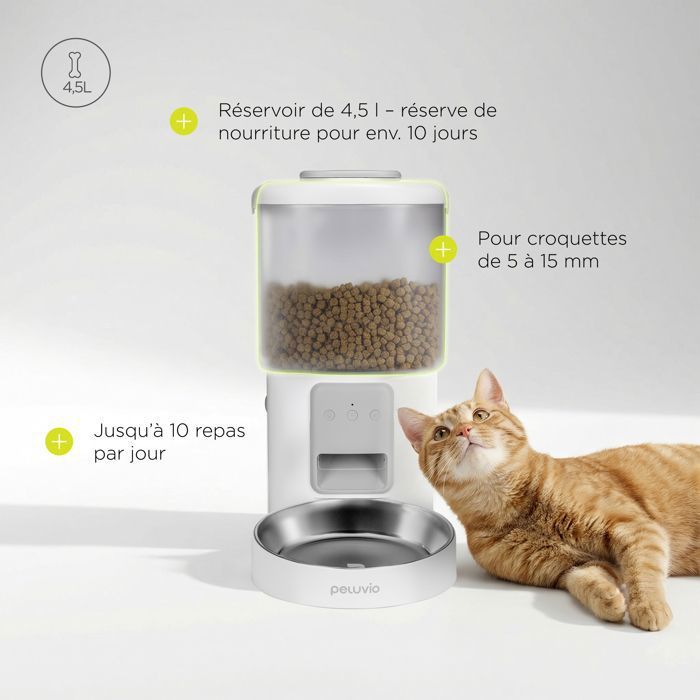 Distributeur de croquettes Automatique Chat PELUVIO Crispy - WiFi - 4,5 L - 4 Repas/jour - Enregistrement Vocal - Noir