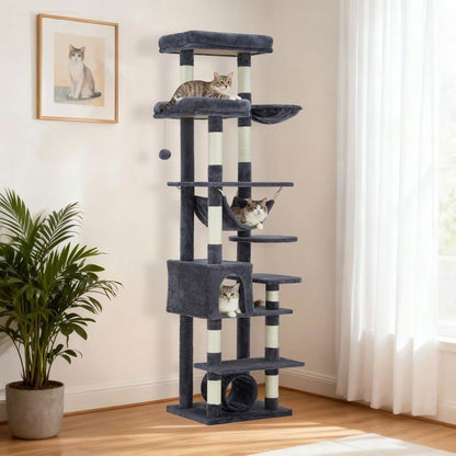 Arbre à chat - FARVEE - Arbre à chat multi-niveau avec griffoirs, escalade, hamac et niches, hauteur 188 cm - Gris clair