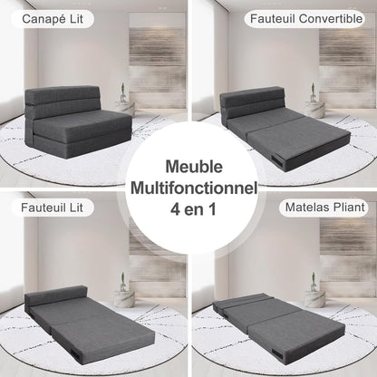 ANONER Canapé Convertible 2 Places 150cm de Large, Pliable en Mousse à Mémoire de Forme & 2 Oreillers, Lit Pliant de Sol pour Chambre Salon, Gris Foncé