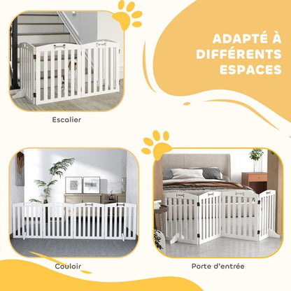 Barrière de sécurité chien - PawHut - avec pieds de support, pointes antidérapantes - 4 panneaux - 207,5 x 30 x 61 cm - blanc