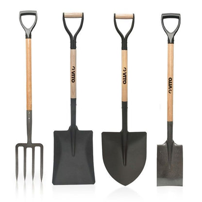 Pack 4 outils de jardin Acier Manche en Bois Fourche + Pelle carrée + Pelle ronde + Bêche VITO