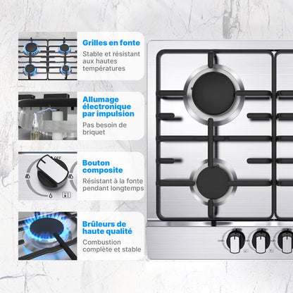 Plaque de Cuisson Gaz - WEHIMO - 4 Feux - Inox - Encastrable - L59 x P51 cm
