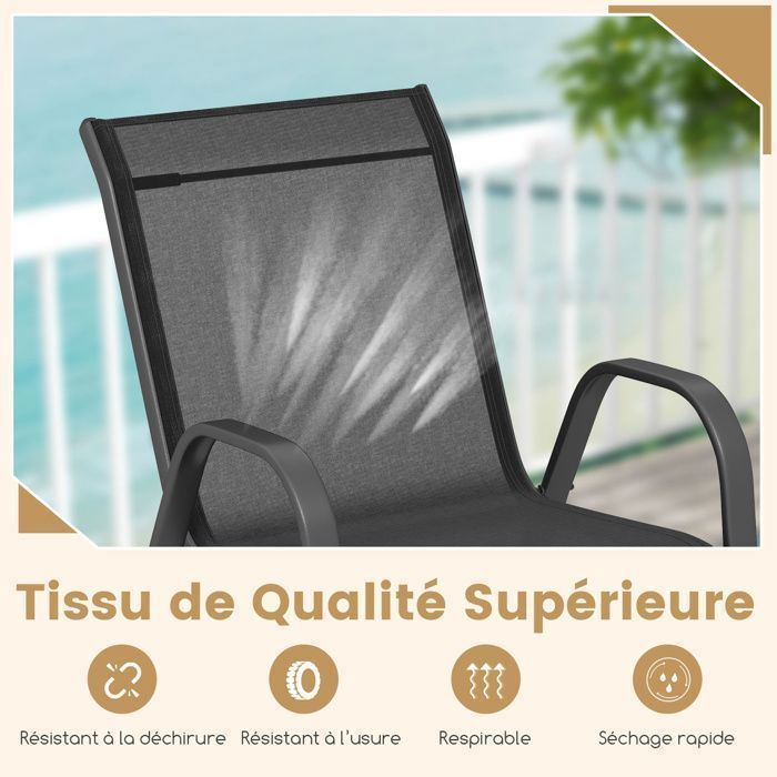 COSTWAY Lot de 2 Chaises de Jardin, Tissu Respirant, Chaises à Manger Empilables avec Accoudoirs, pour Patio Terrasse Porche, Bleu