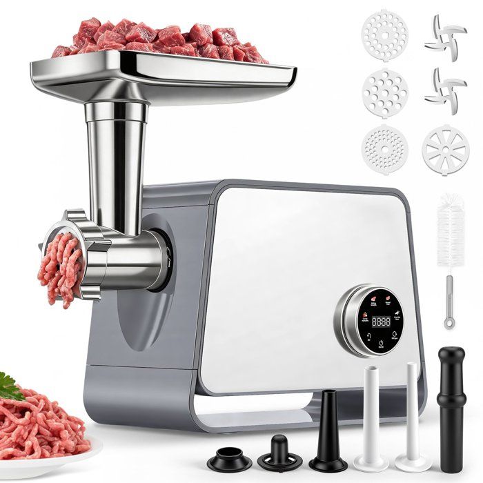 Hachoir à Viande Électrique 2800W - Écran Tactile - 11PCS avec 2 Lames 4 Inox Disques 3 Kit de Saucisse 1 Kubbe 1 Brosse - Argent