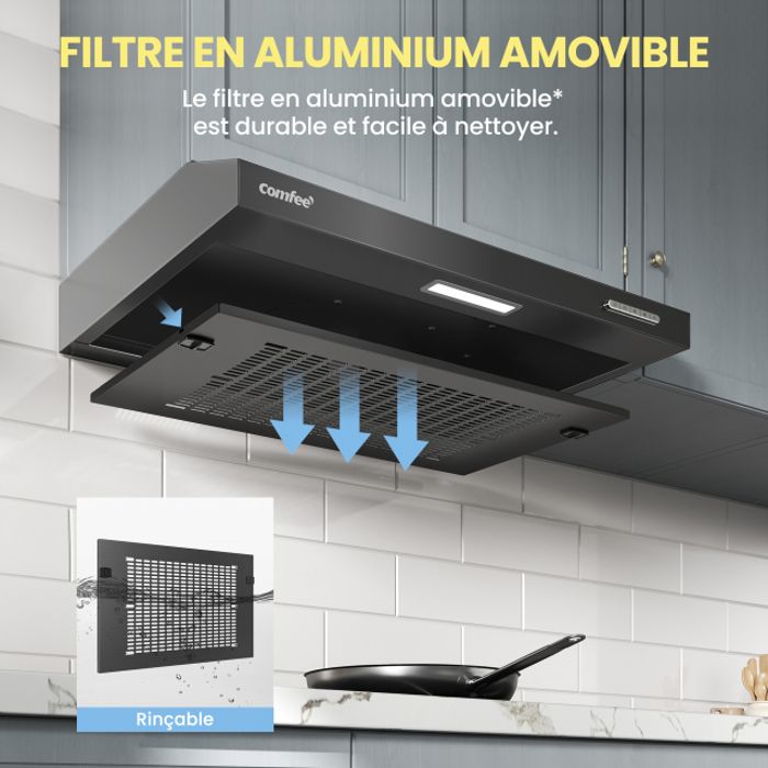 Hotte Aspirante Casquette Visière- 60cm Comfee - 3 Vitesses - Évacuation & Recyclage - LED Lampe - Filtre En Coton Argent - En Inox