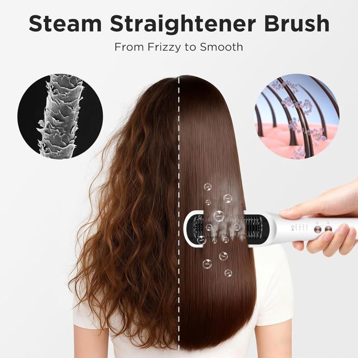 Brosse Lissante à Vapeur Pro, PARWIN PRO BEAUTY, Affichage LED, Ions & Vapeur pour Soin Double, 4 Réglages de Température – Blanc