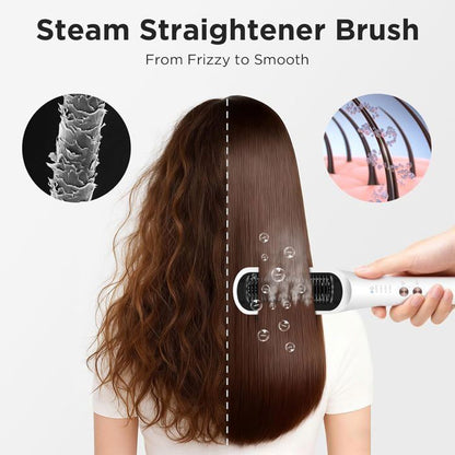 Brosse Lissante à Vapeur Pro, PARWIN PRO BEAUTY, Affichage LED, Ions & Vapeur pour Soin Double, 4 Réglages de Température – Blanc