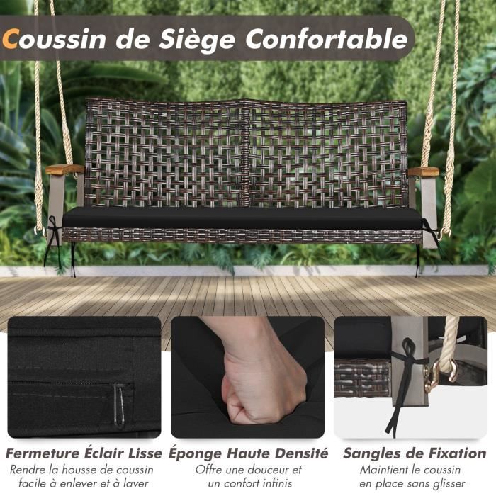 COSTWAY Banc Suspendu 2 Places en Rotin avec Cordes et Accoudoirs en Bois d'Acacia, Charge 360 kg, pour Jardin, Balcon, Marron