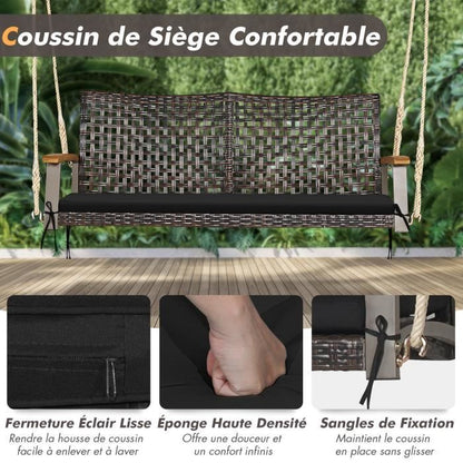 COSTWAY Banc Suspendu 2 Places en Rotin avec Cordes et Accoudoirs en Bois d'Acacia, Charge 360 kg, pour Jardin, Balcon, Marron