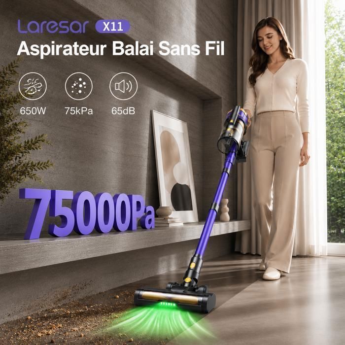 Aspirateur Balai sans Fil- Laresar V10-45Mins- 48000PA- Batterie Amovible-Technologie Yeux verts-Léger-Tapis et Poils d’Animaux