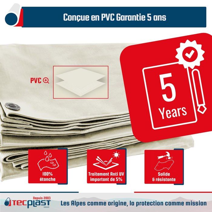 TECPLAST Pack Toile Pergola Blanc Crème 3x4 m + Sandow Noir 20m - Bâche Pergola prête à poser LP506PR Garantie 5 ans