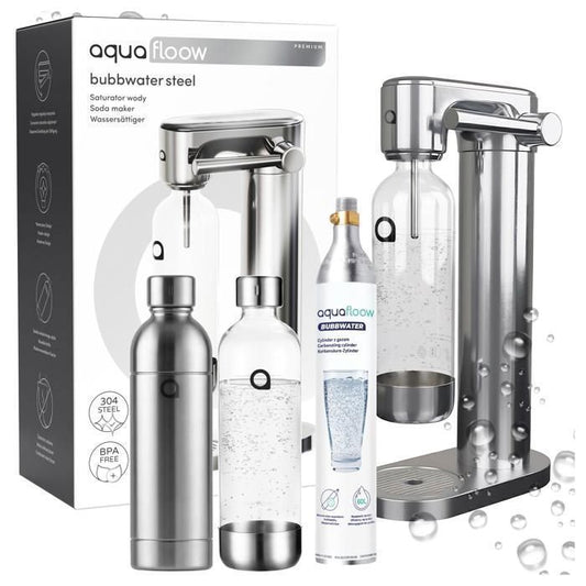 Aquafloow Machine à soda eau pétillante – acier–2 bouteilles de 0,8 l (acier et plastique) – cylindre CO₂ - Réglage des bulles