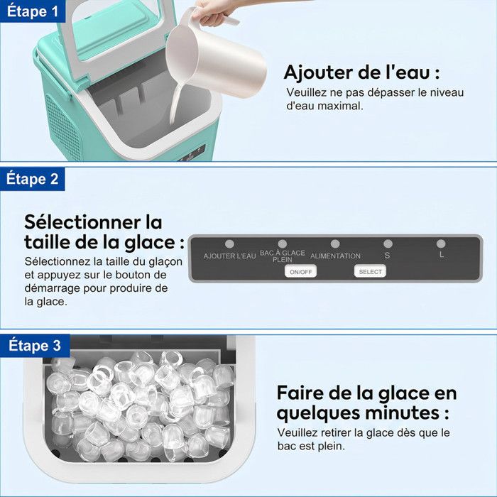 Machine à glaçons noire portable 12kg/24h, réservoir 1.4L, 9 glaçons en 6min, fonction autonettoyante, bruit inférieur 40dB