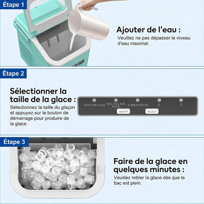 Machine à glaçons noire portable 12kg/24h, réservoir 1.4L, 9 glaçons en 6min, fonction autonettoyante, bruit inférieur 40dB