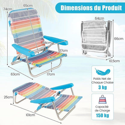 Lot de 2 Chaises de Jardin Extérieur Pliable COSTWAY, Cadre Léger en Aluminium, Dossier Réglable en 4 Positions, Sac Isotherme