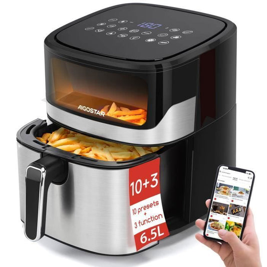Aigostar Friteuse sans huile 1600W 6.5L,fentre visible,10 menus prdfinis,13 programmes,prchauffage intelligent,bricolage -Ballon